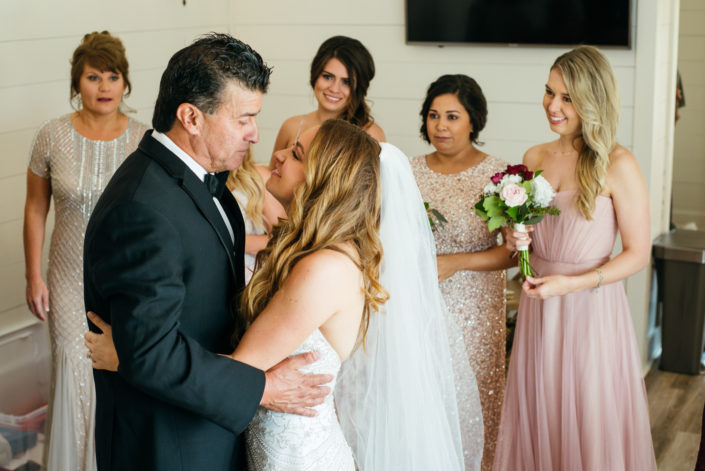 Father and bride first look at the Farmhouse Montgomery, Texas
