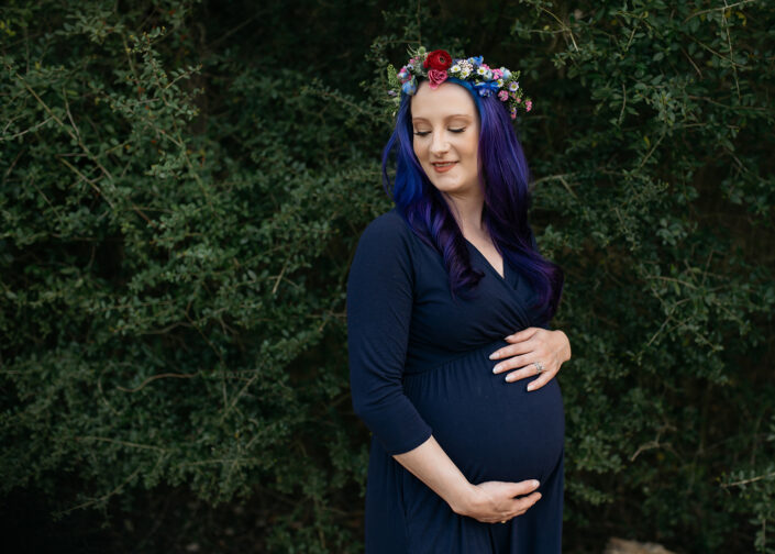 Purple dress maternity session with flower crown in Pearland Texas